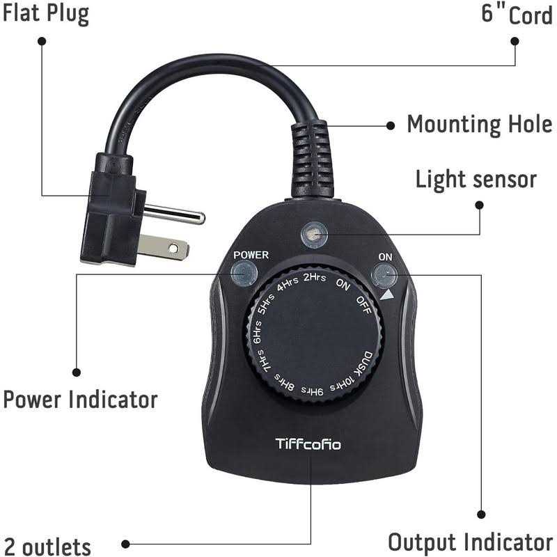 TiFFCOFiO Outdoor Timer Outlet Dusk to Dawn Light Sensor Timer