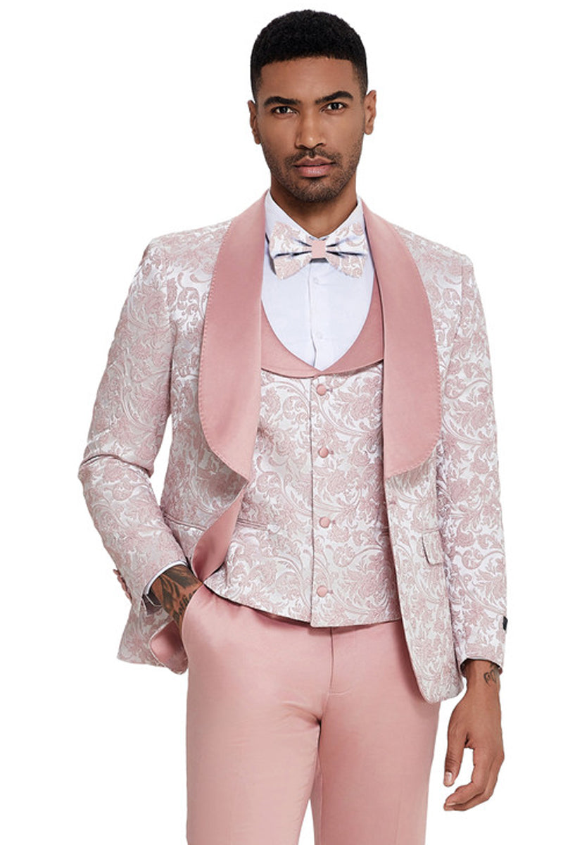 Men’s Designer Wedding & Prom Shawl Lapel Vested Paisley Tuxedo in Pink