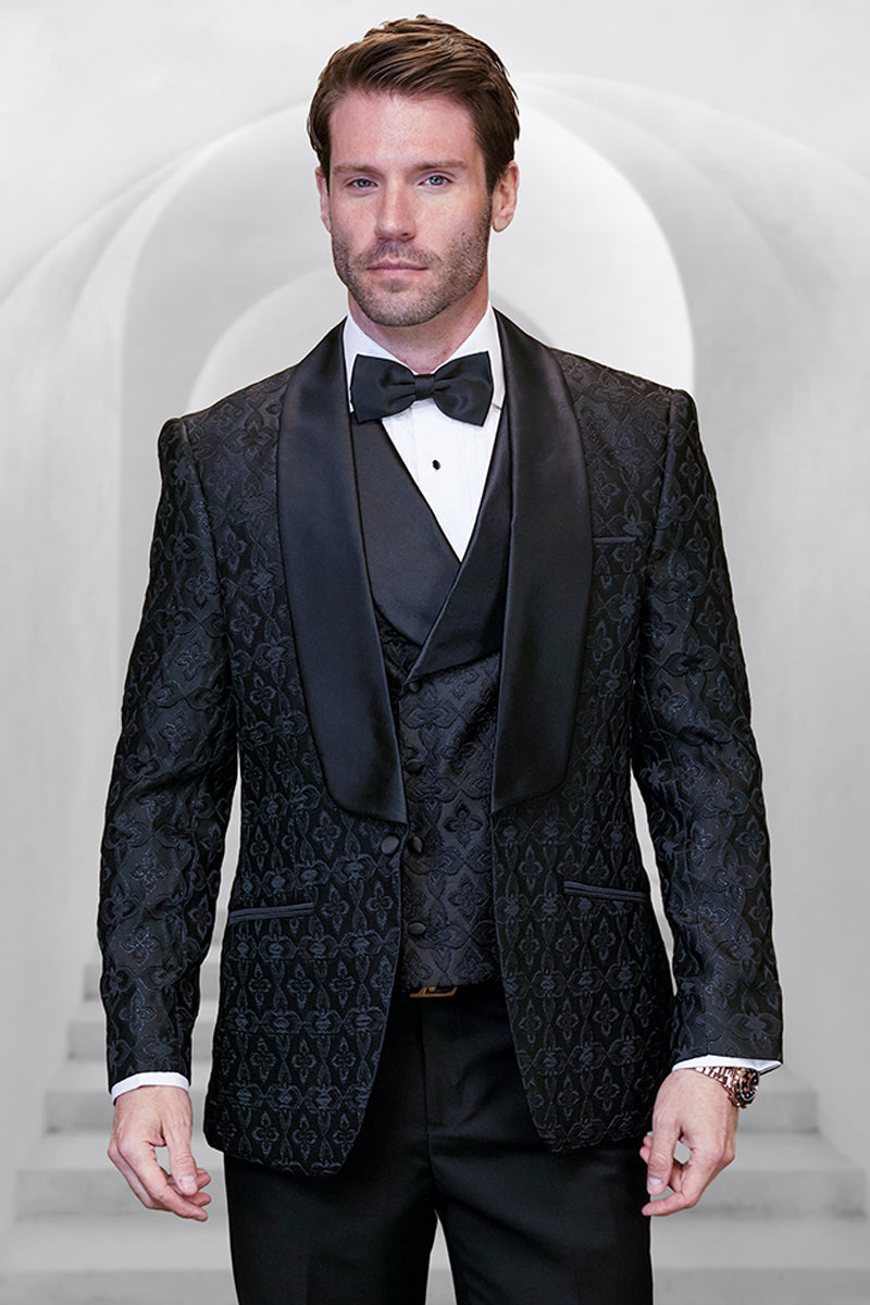 Men’s Designer Vested Tonal Brocade Paisley Wedding & Prom Tuxedo in Black