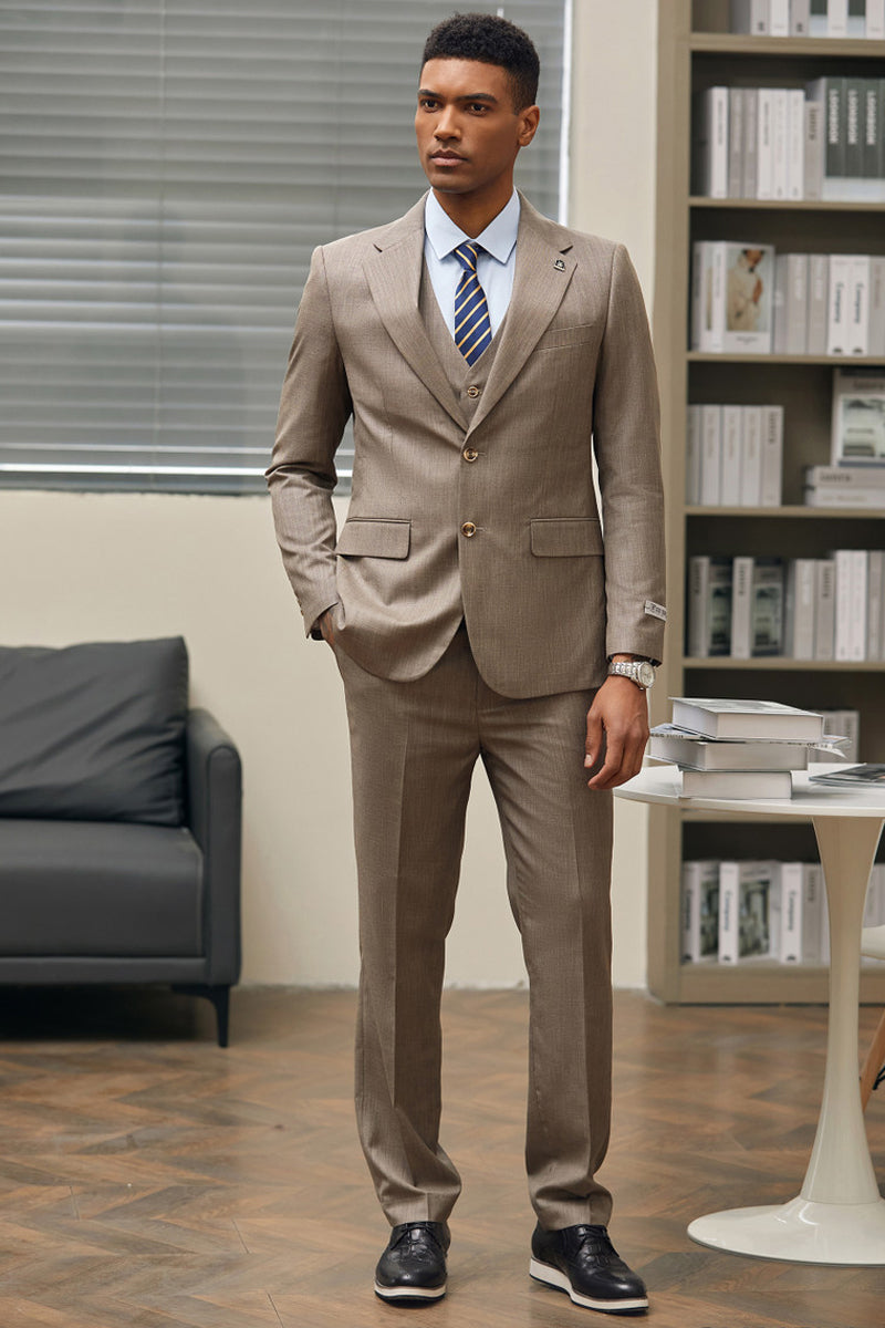 Men’s Stacy Adam’s Two Button Vested Sharkskin Business Suit in Dark Tan