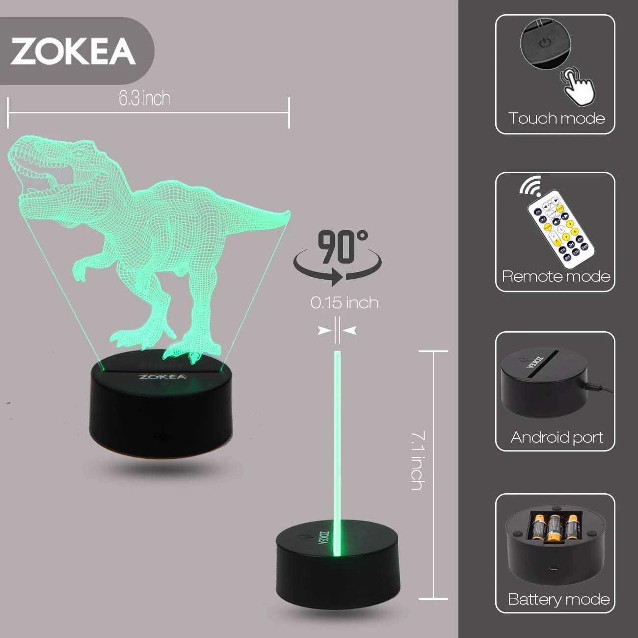 ZOKEA Dinosaur Toys T Rex 3D Night Light 7 Colors Changing Night Lights for Kids