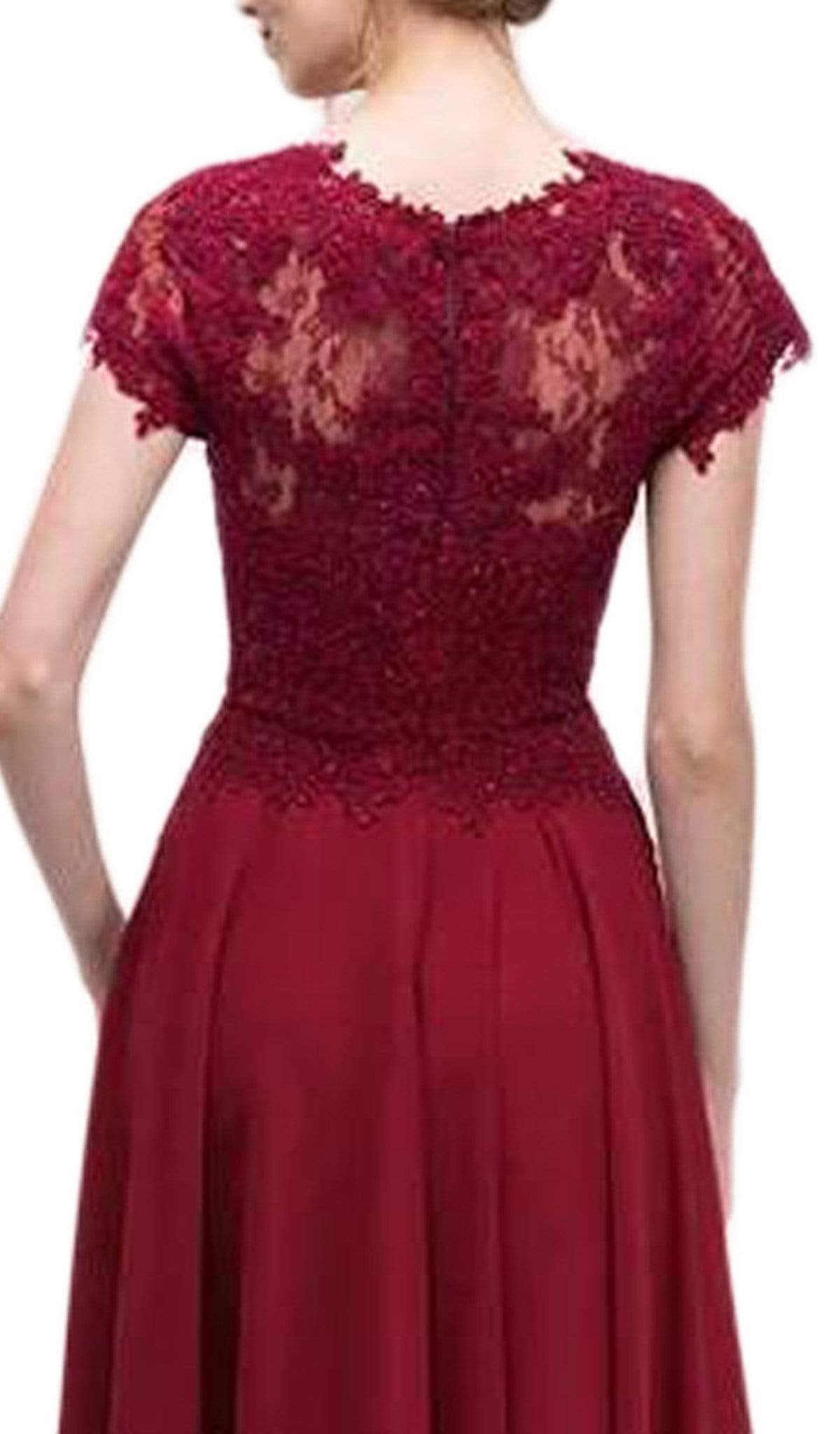 4909 Illusion Short Sleeve Appliqued Chiffon Dress