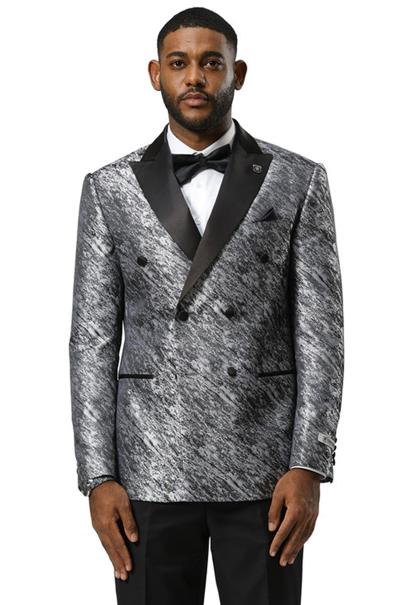 Men’s Stacy Adams Double Breasted Wedding & Prom Tuxedo Jacket in Textured Shiny Silver Sharkskin