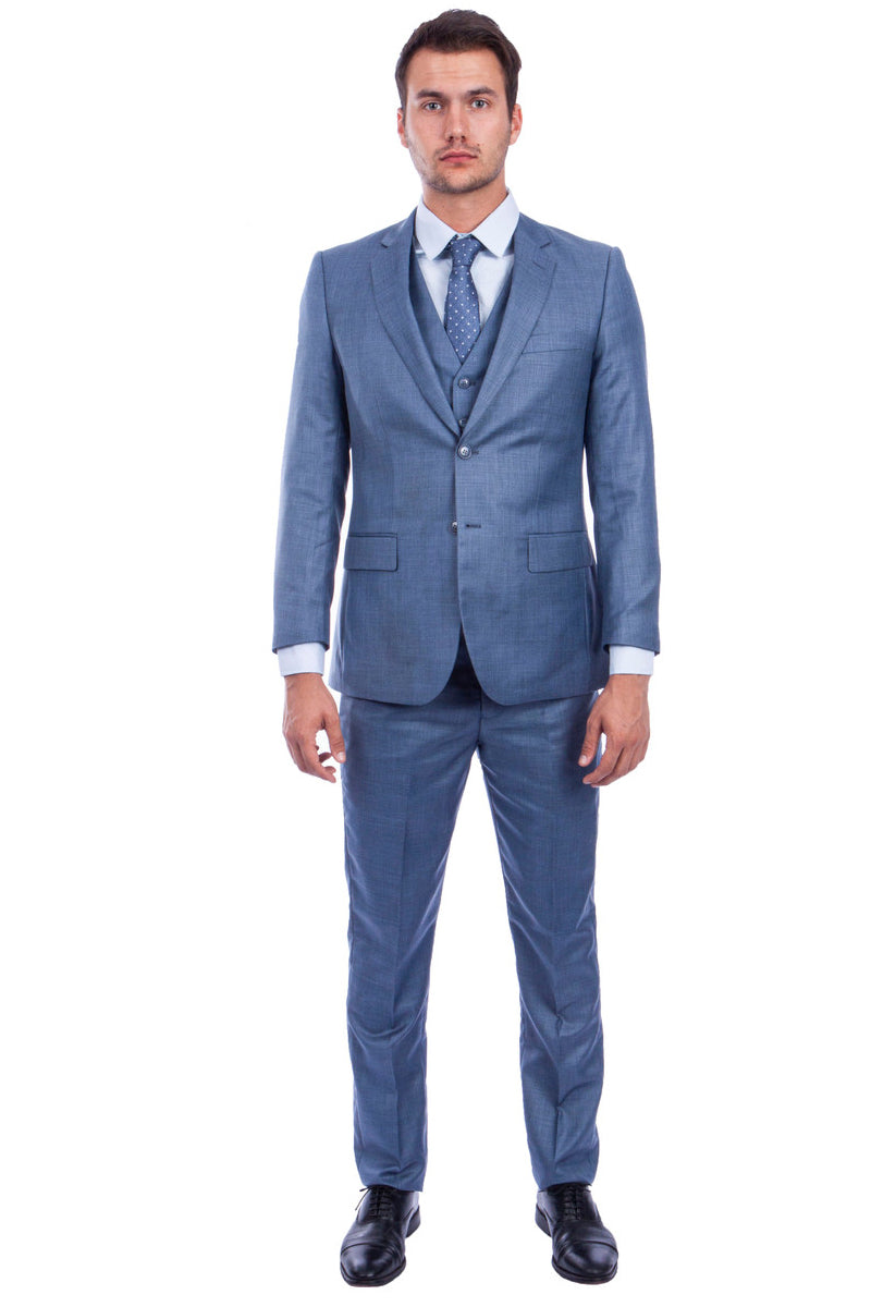 Men’s Two Button Hybrid Fit Vested Sharkskin Wedding & Business Suit in Ocean Blue