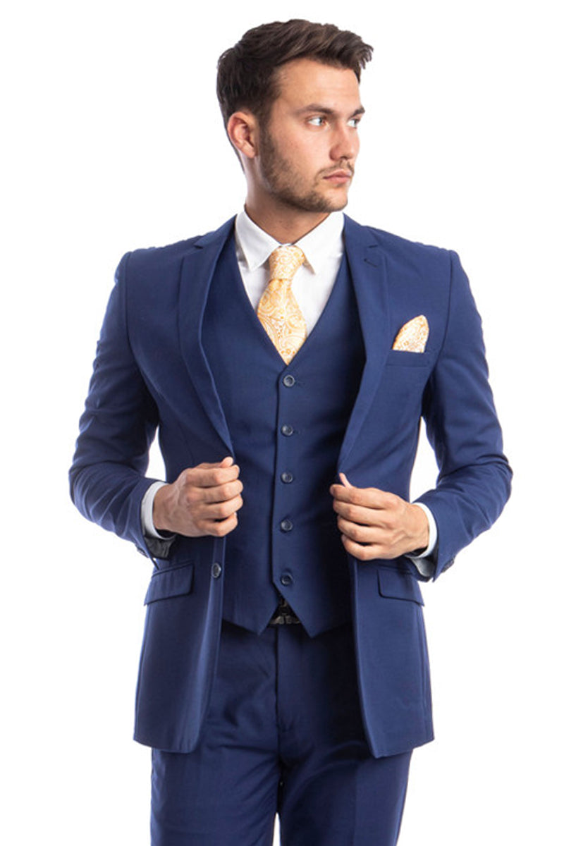 Men’s Two Button Basic Hybrid Fit Vested Suit in Indigo Blue