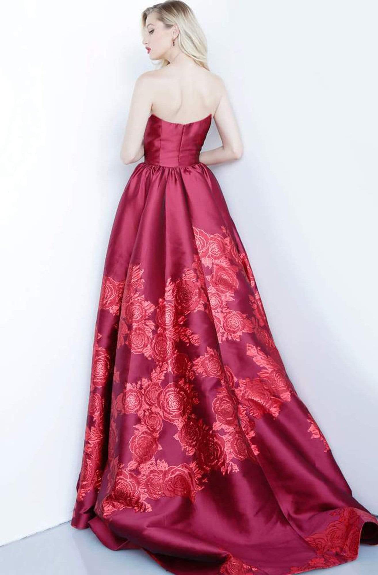 02038 Strapless Scoop Neck Floral Embroidered Gown