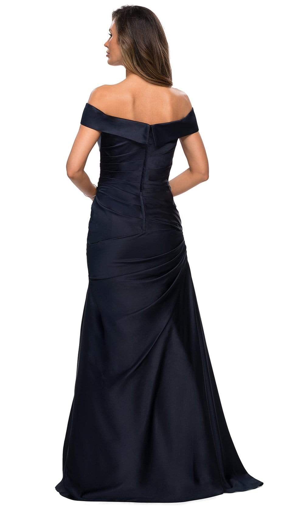 28103 Off Shoulder Pleated Satin Evening Gown