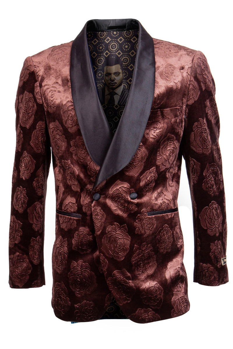 Men’s Double Breasted Floral Rose Print Velvet Smoking Jacket in Rust