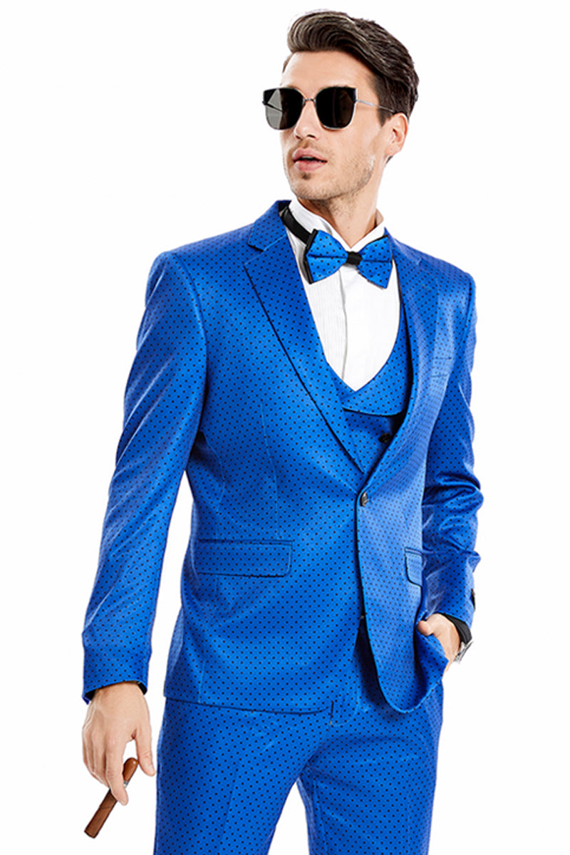 Men’s One Button Vested Mini Polka Dot Prom Suit in Royal Blue & Black