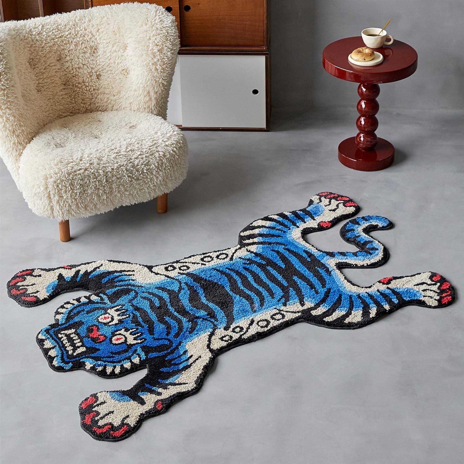 5×3.3ft Tibetan Tiger Area Rug Blue Hand Tufted High Pile Carpet