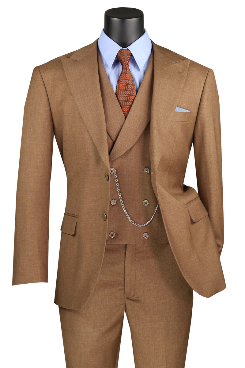 Men’s Summer Sharkskin Suit with Double Breasted Vest in Light Brown