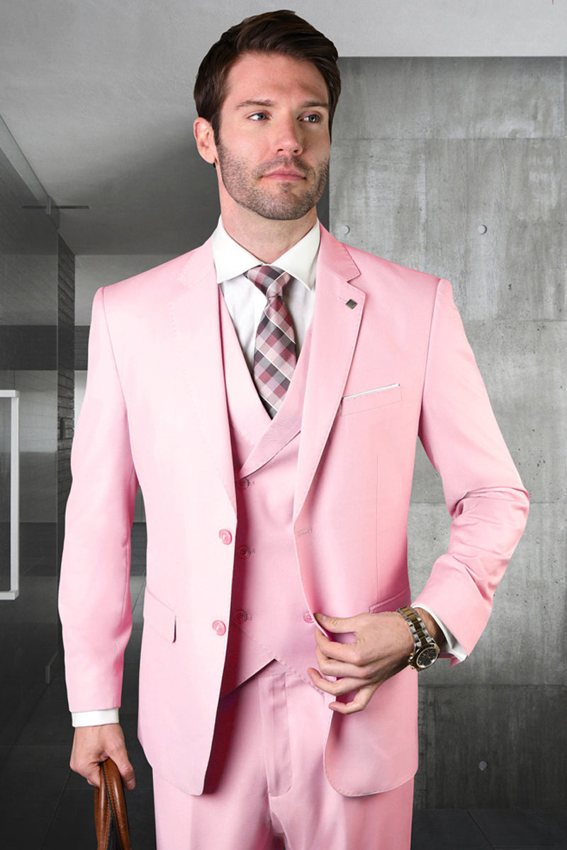 Men’s Designer Modern Fit Double Breasted Vest Wool Wedding Suit in Pink