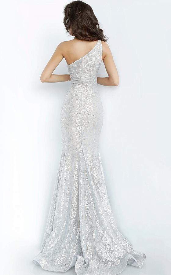 00353 One Shoulder Stretch Metallic Lace Trumpet Dress
