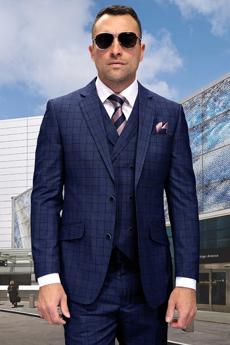 Men’s Designer Wool Vested Modern Fit Windowpane Plaid Suit in Sapphire Blue