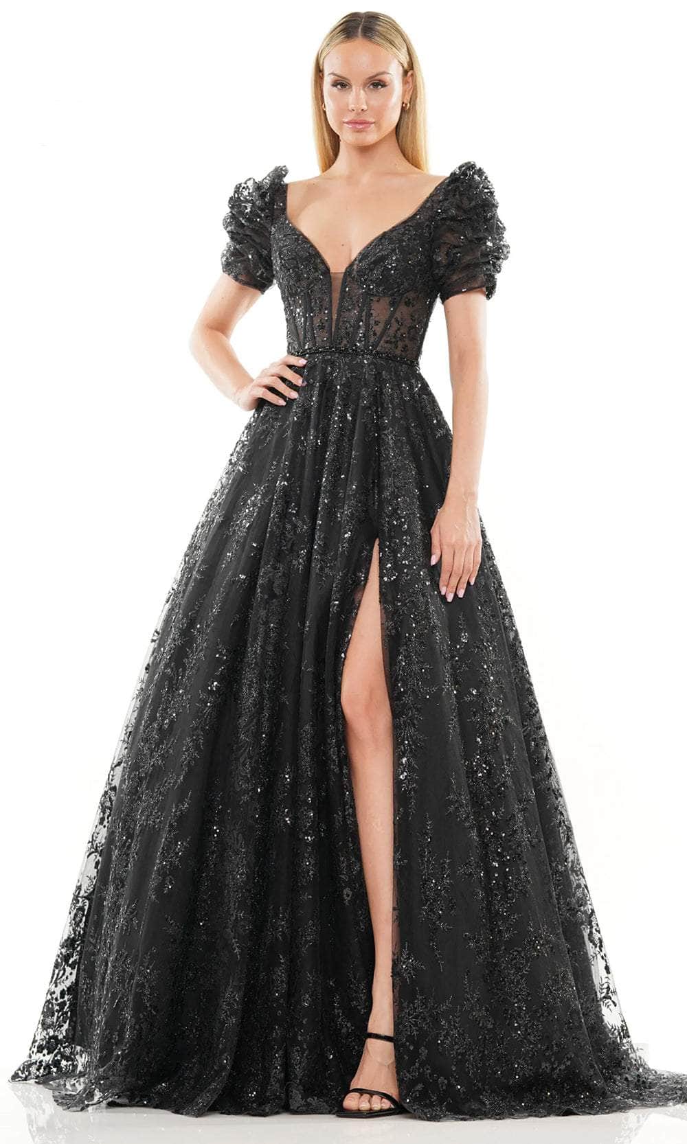 Puff Sleeve Glitter Prom Dress