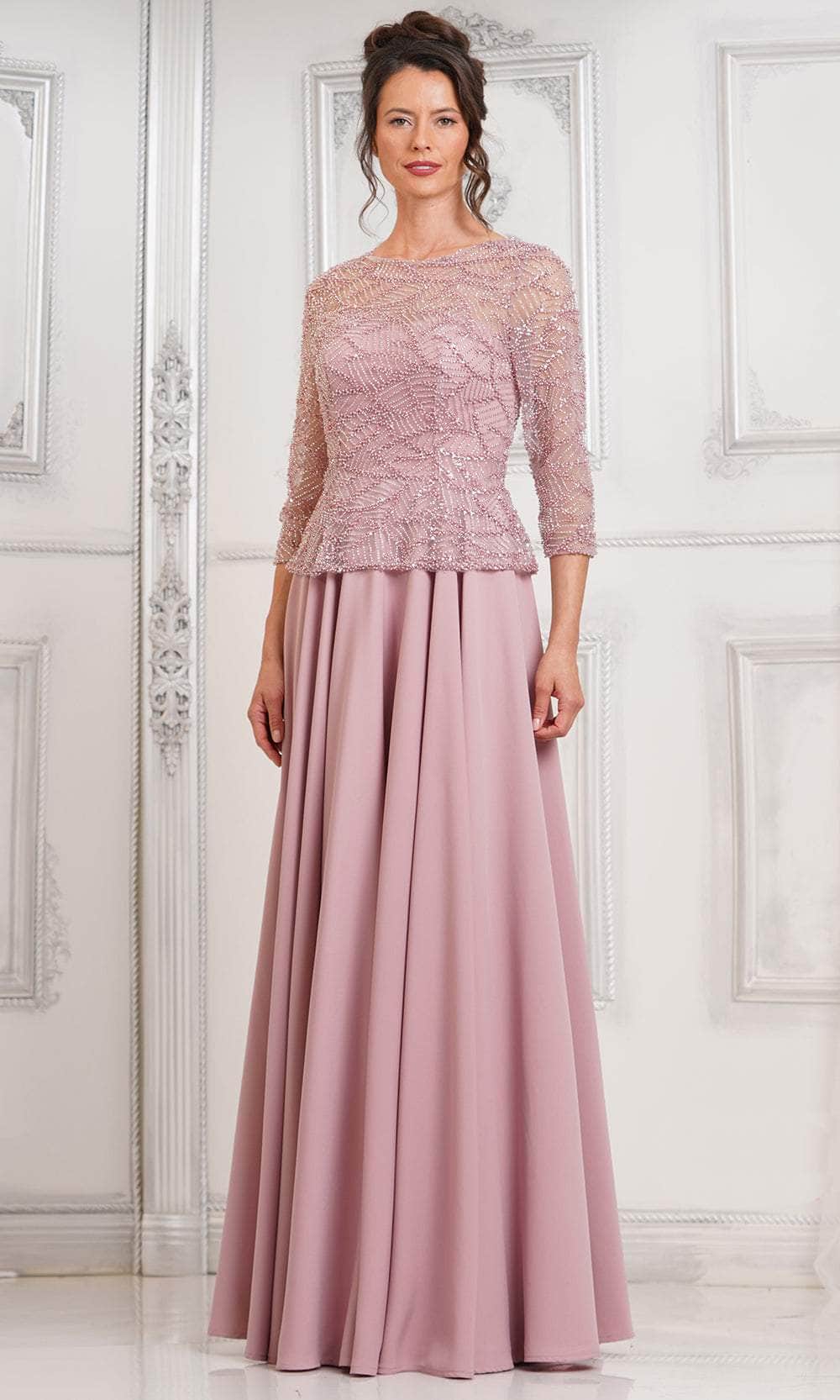 Quarter Sleeve Beaded Illusion Formal Gown