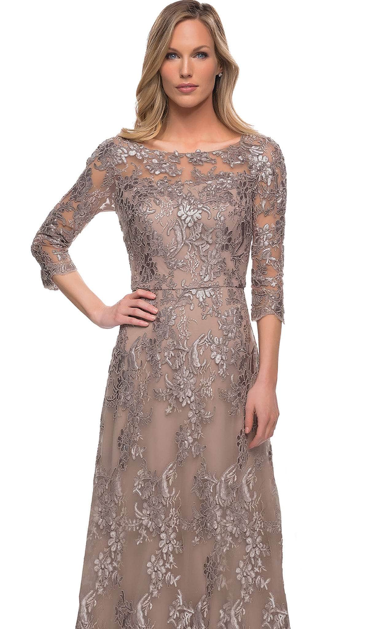 27885 Lace Quarter Length Sleeve Bateau A-line Dress