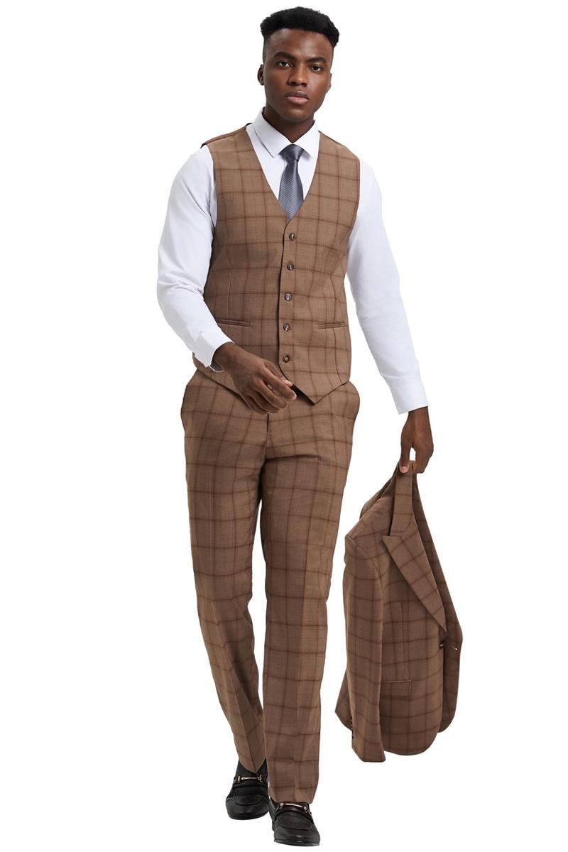 Men’s Stacy Adams One Button Vested Suit in Light Brown Windowpane Plaid