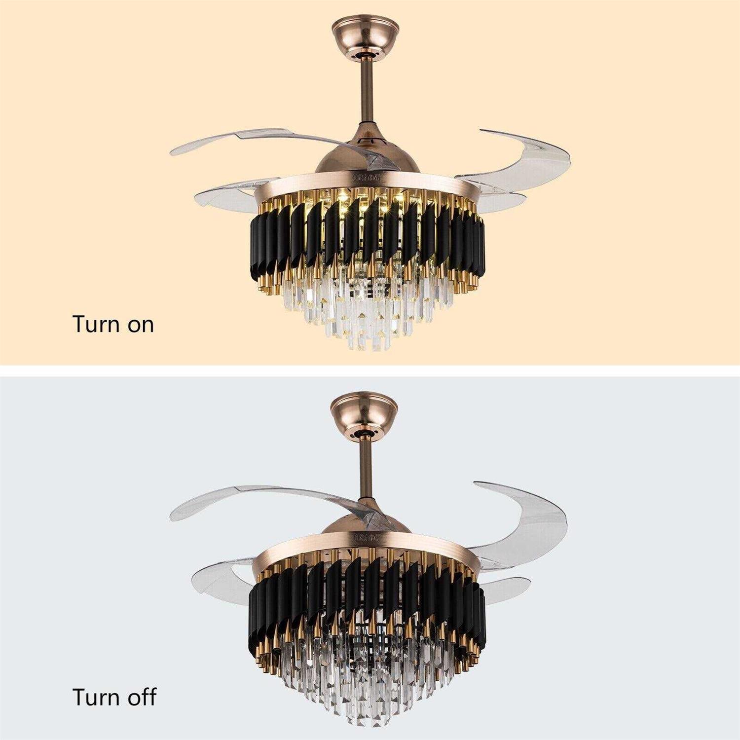 42 Inch 4-Blade Glam Crystal Polished Gold Retractable Ceiling Fan