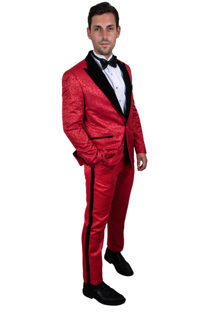 Men’s Stacy Adams Paisley Prom & Wedding Tuxedo in Red & Black