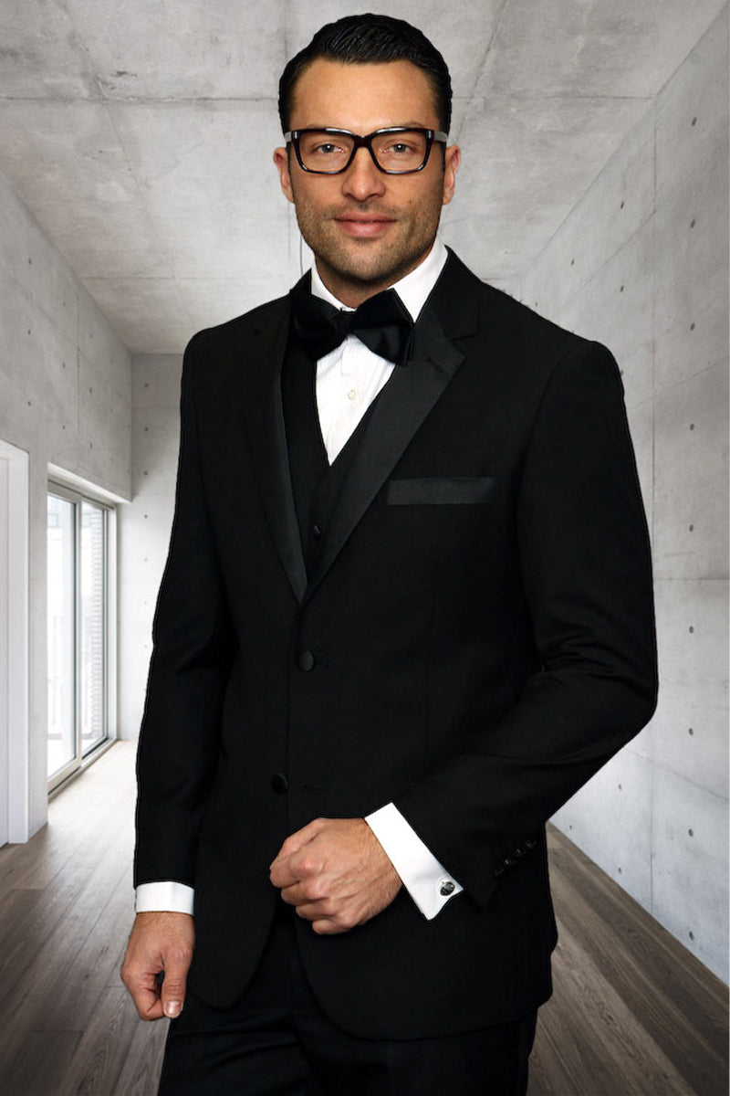 Men’s Designer Modern Fit Vested Wool Wedding Tuxedo in Black