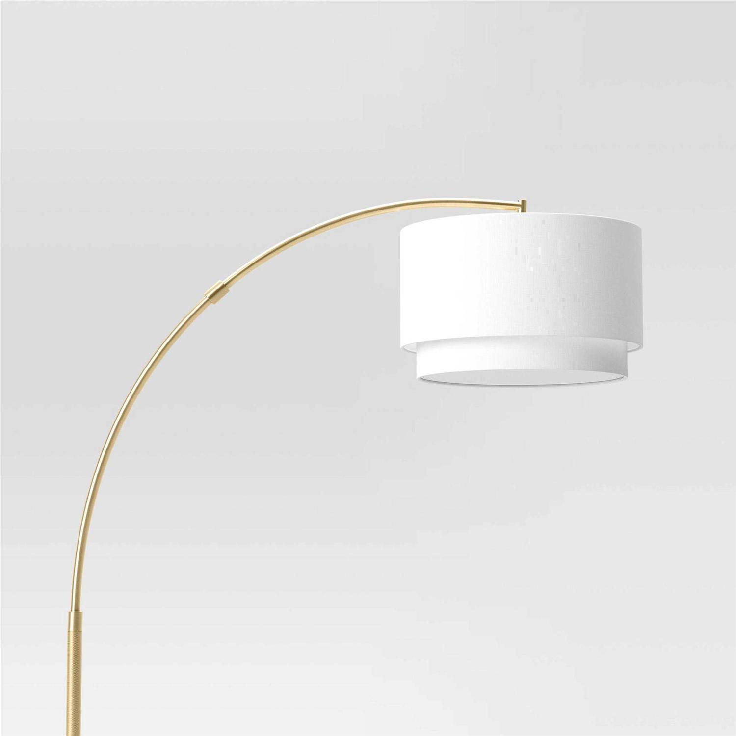 Threshold Knurled Metal Arc Floor Lamp with Tiered Shade Brass