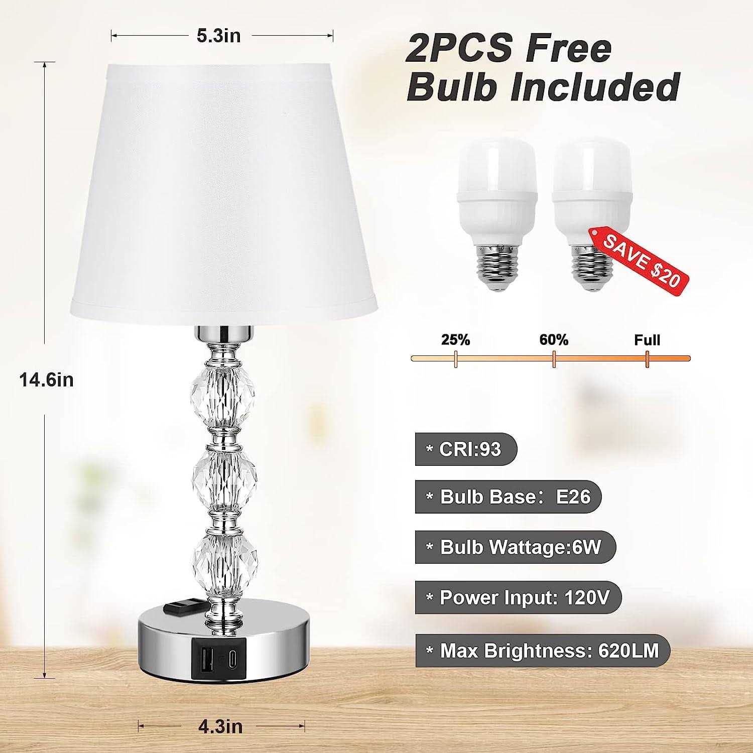 Acaxin Bedside Lamps for bedrooms Set of 2 Nightstand Crystal Table Lamps with USB C Charging Ports and AC Outlet