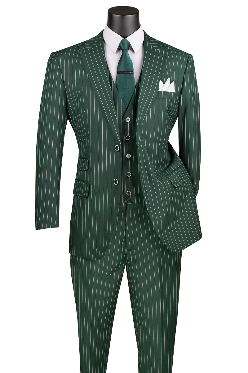 Men’s Vested Bold Gangster Pinstripe Suit in Hunter Green
