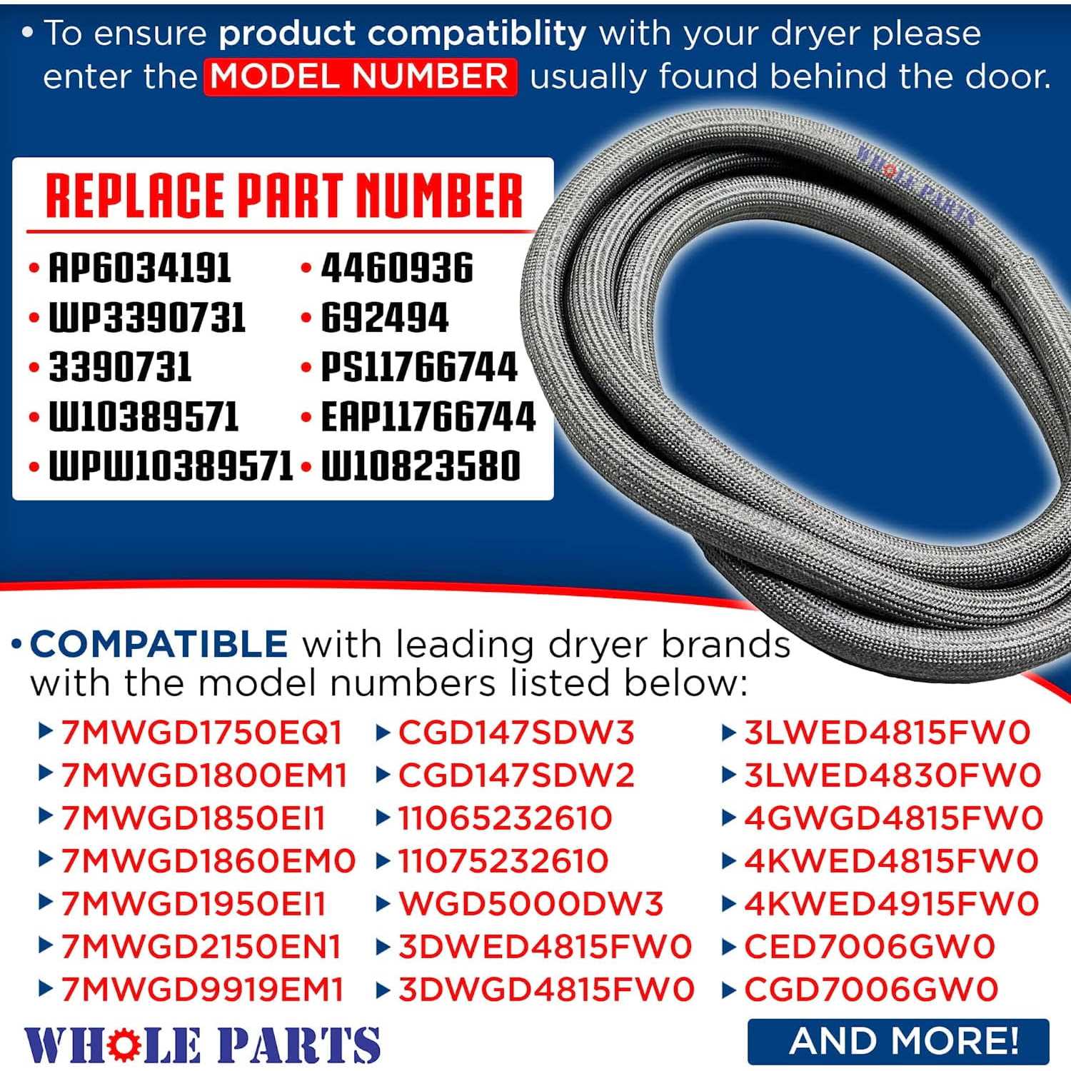 Whole Parts Dryer Door Seal Part # W10906683 Replacement and Compatible with Some Crosley, Kenmore and Whirlpool Dryers