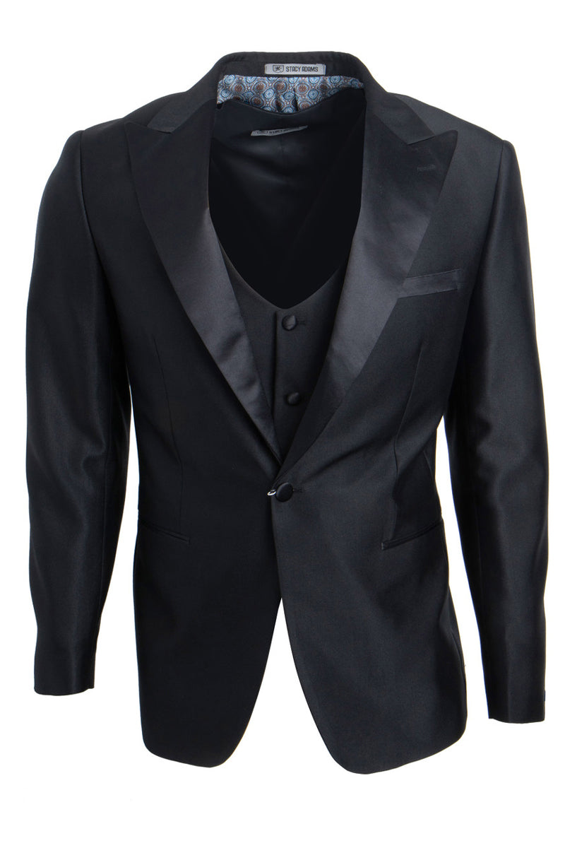 Men’s Stacy Adams Vested One Button Peak Lapel Tuxedo in Black