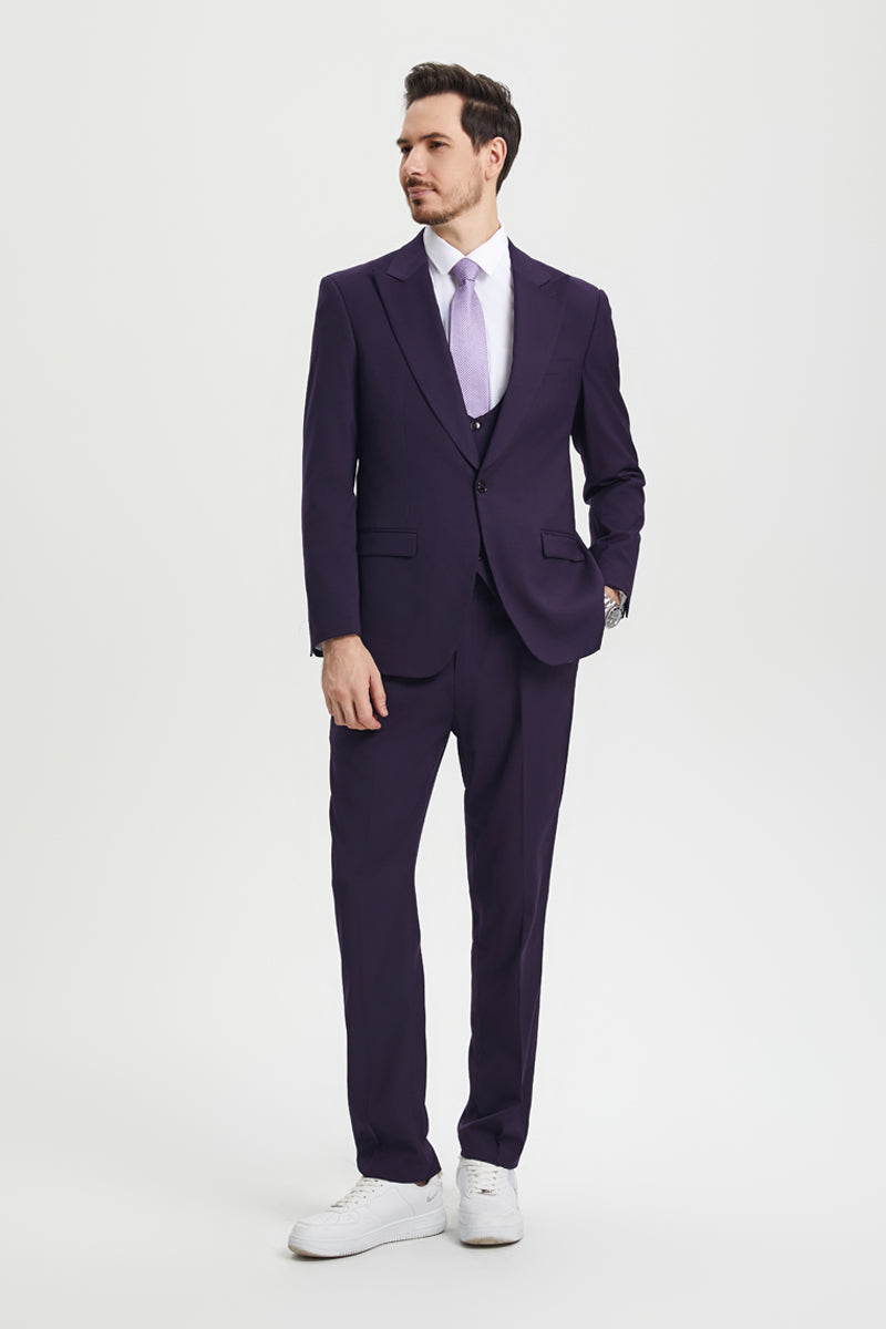 Men’s Vested One Button Peak Lapel Stacy Adams Designer Suit in Eggplant