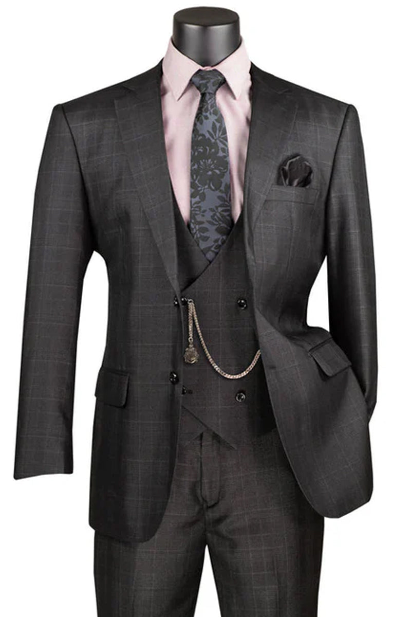 Men’s 2 Button Vested Peak Lapel Plaid Windowpane Suit in Black