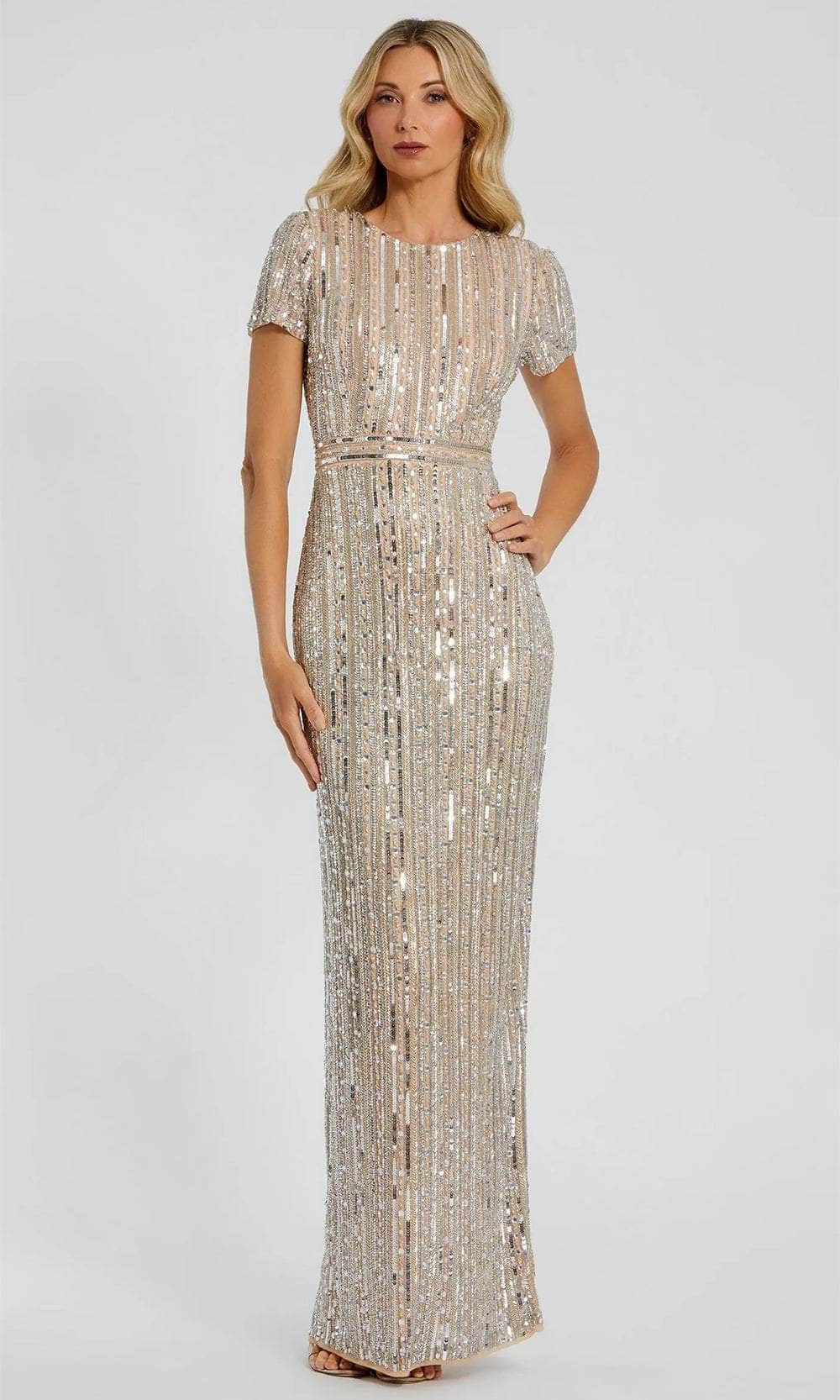 Jewel Neck Linear Sequin Formal Dress