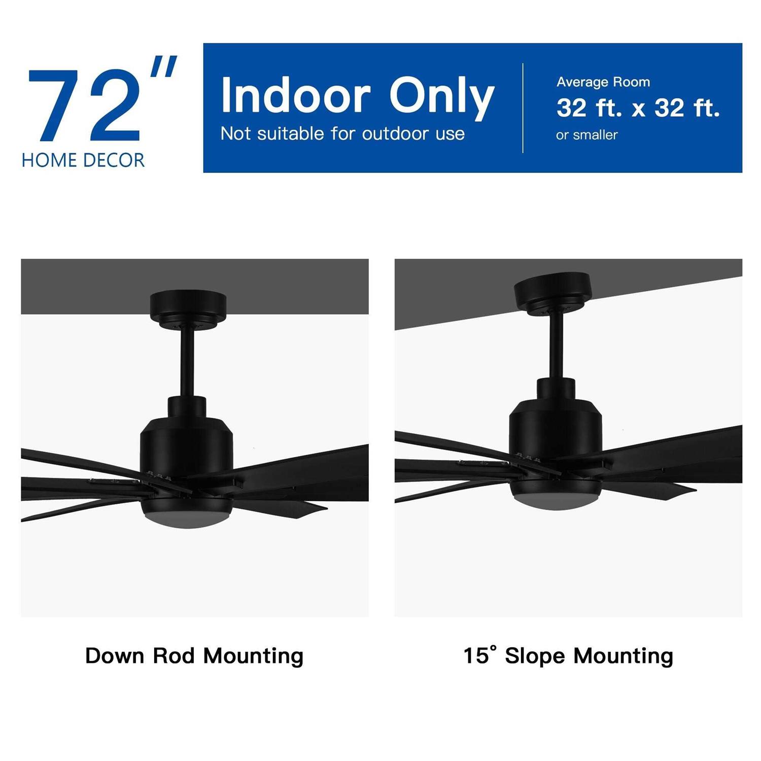 72 in. LED Indoor Matte Black Large Ceiling Fan with Light and Remote Control