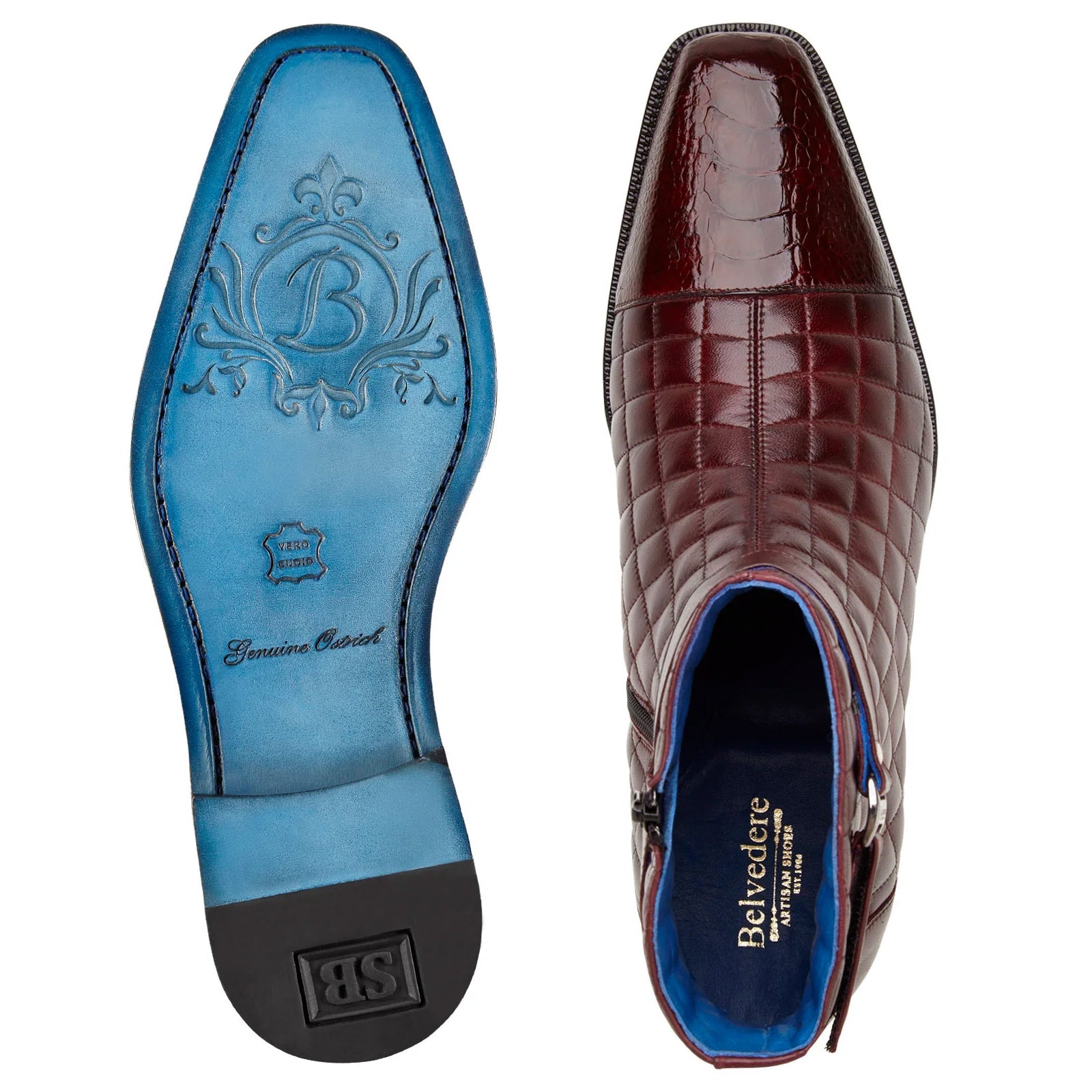 Men’s Belvedere Libero Quilted Leather & Ostrich Leg Cap Toe Chelsea Boot in Burgundy