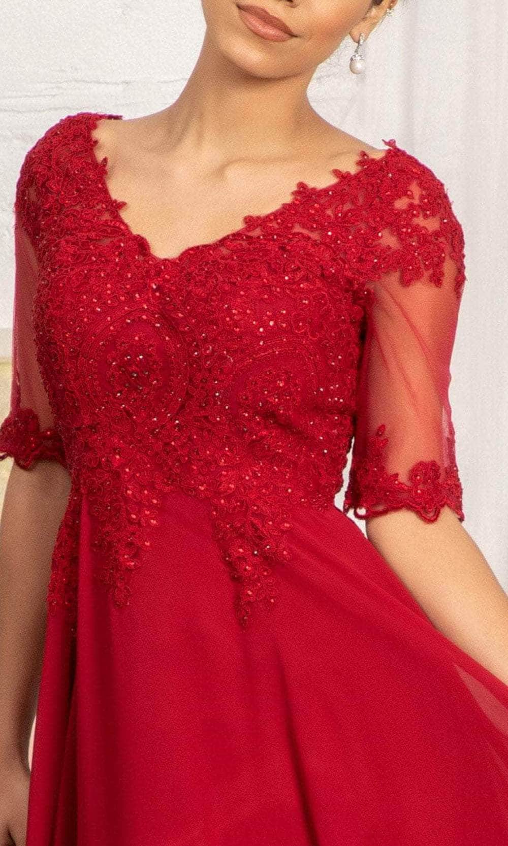 Sheer Quarter Sleeve Lace Applique Evening Dress