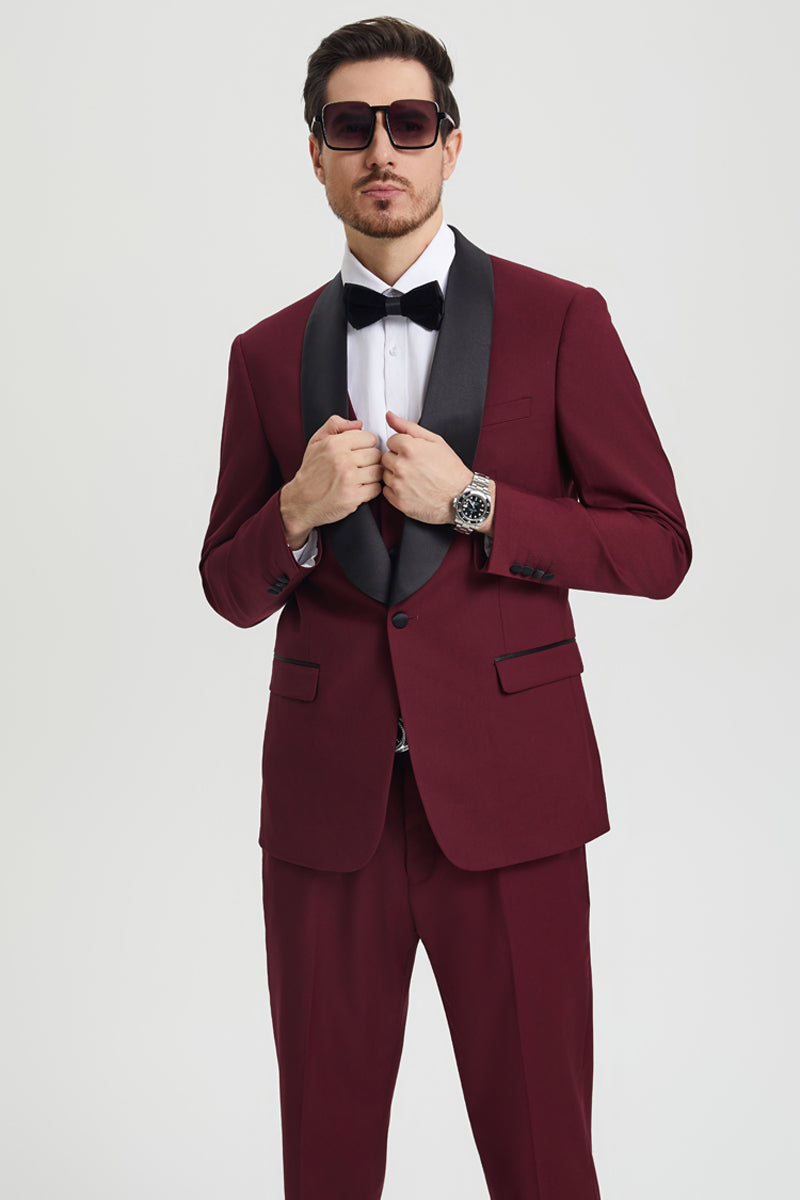 Men’s Stacy Adams Vested One Button Shawl Lapel Designer Tuxedo in Burgundy
