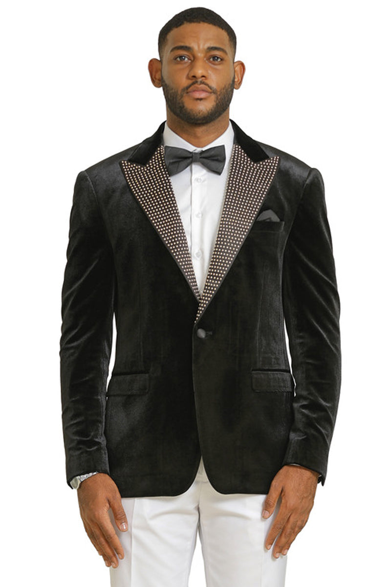 Men’s Stacy Adams Velvet Wedding & Prom Tuxedo Jacket With Rhinestone Adorned Lapel in Black