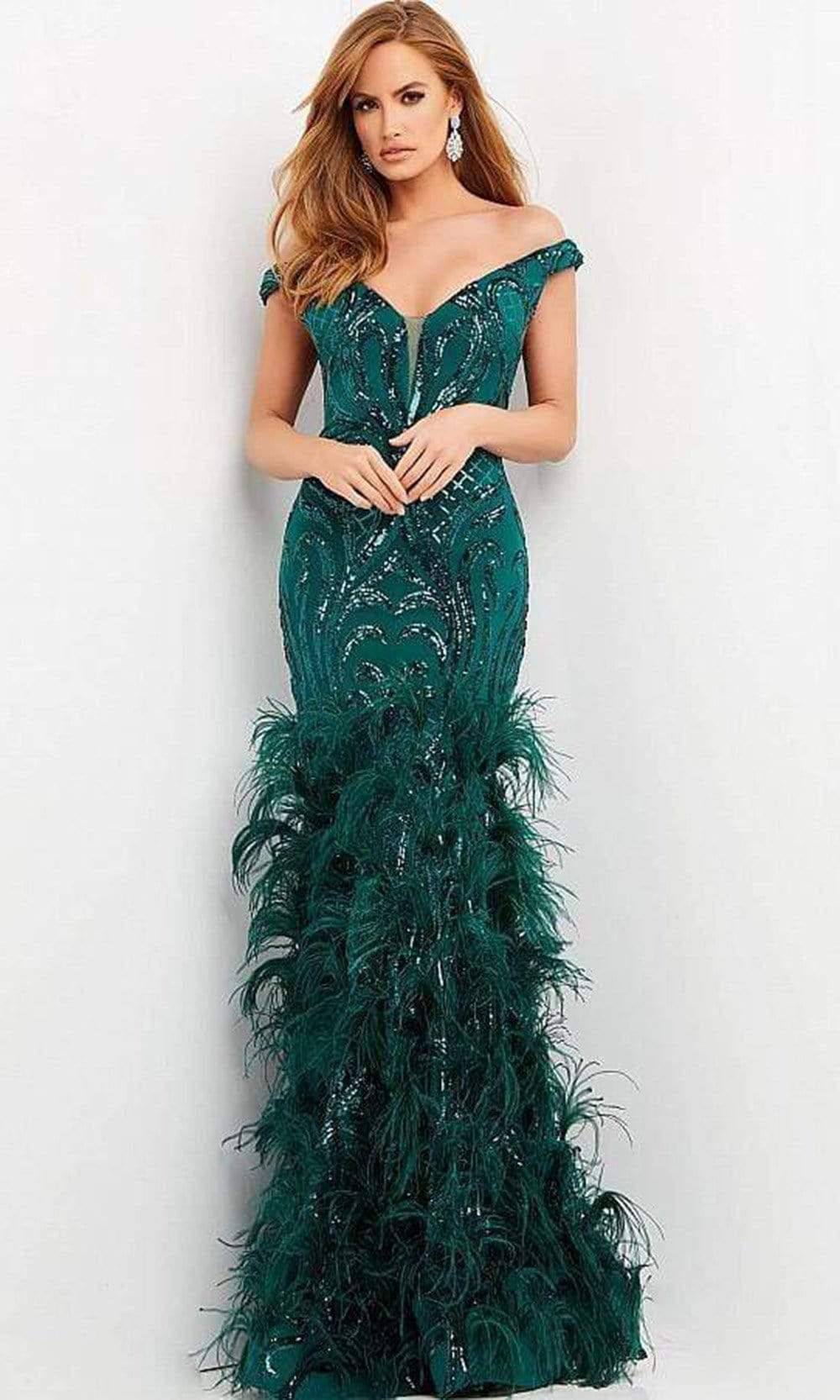 05660 Off Shoulder Sequined and Feathered Gown