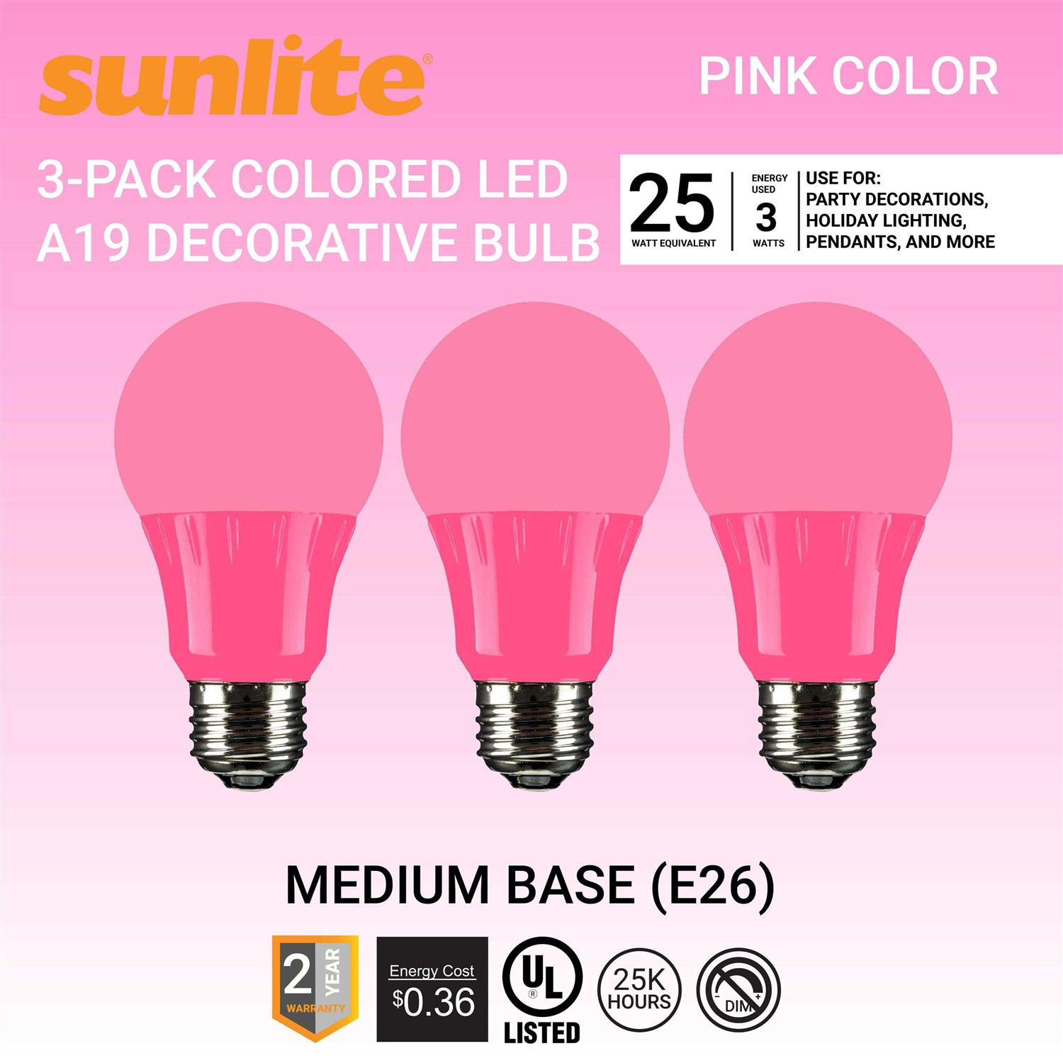 Sunlite LED A19 Colored Light Bulb 3 E26 Medium Base