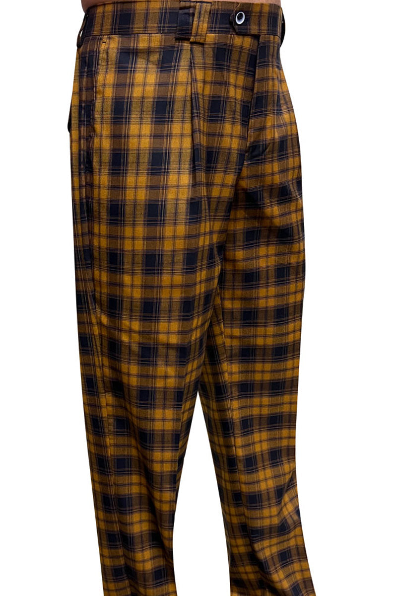 Men’s Designer Wool Pleated Wide Leg Dress Pants in Copper & Mustard Plaid