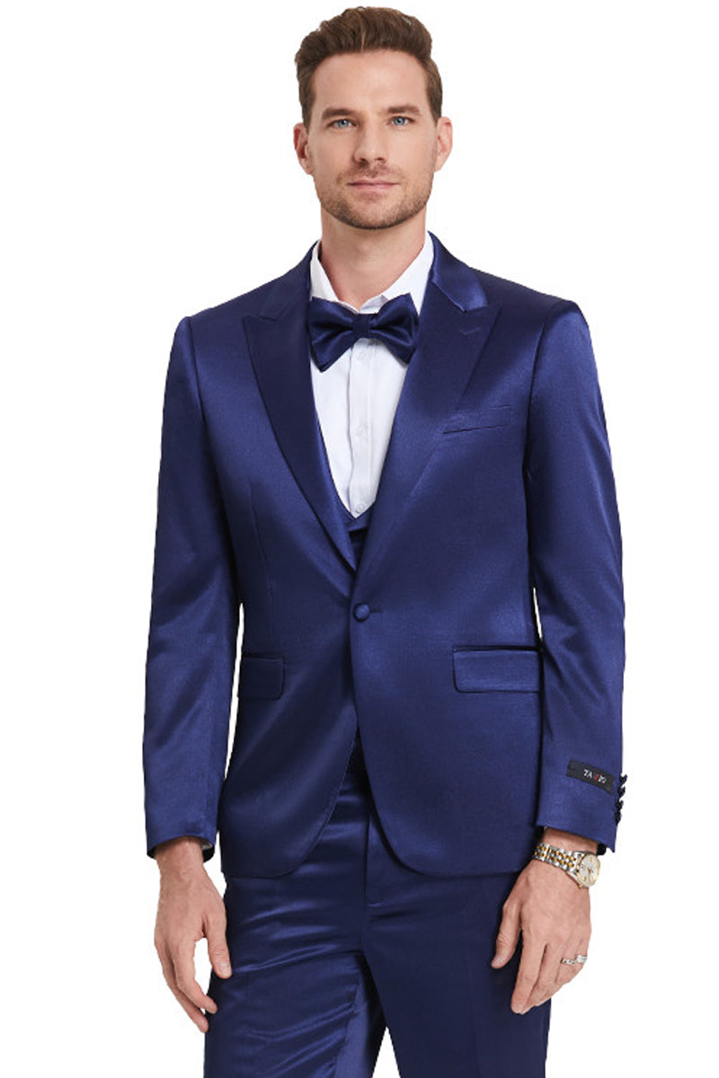 Men’s One Button Vested Shiny Satin Sharkskin Prom & Wedding Party Suit in Indigo Navy Blue