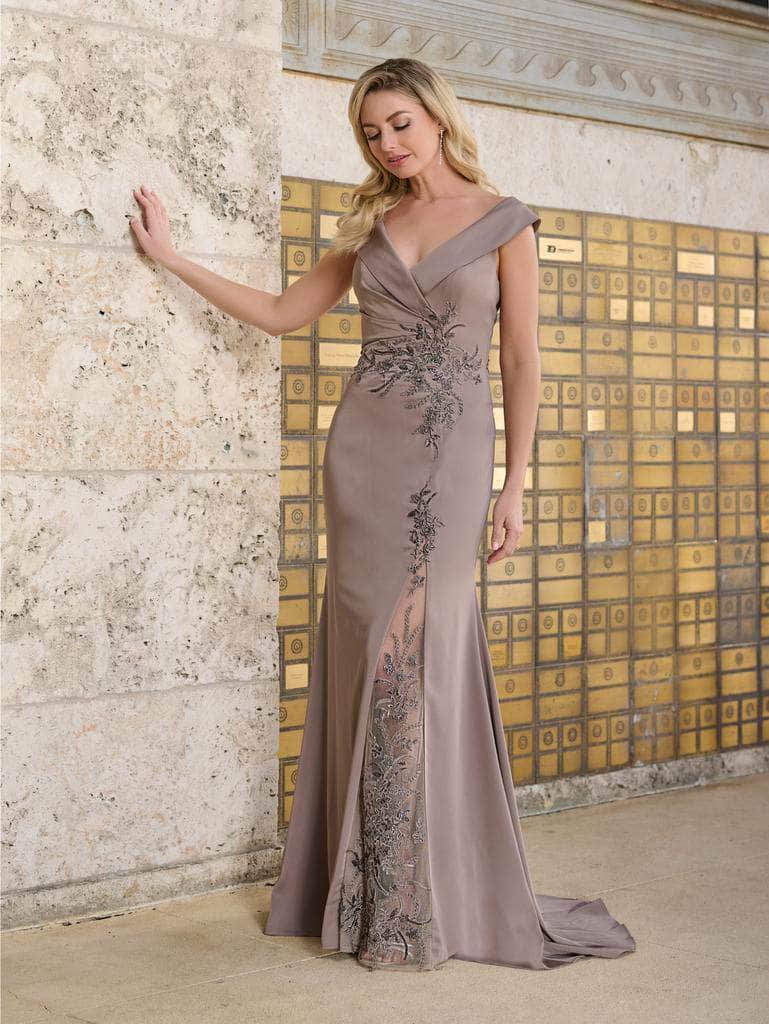 Fold Over V-Neck Beaded Evening Gown