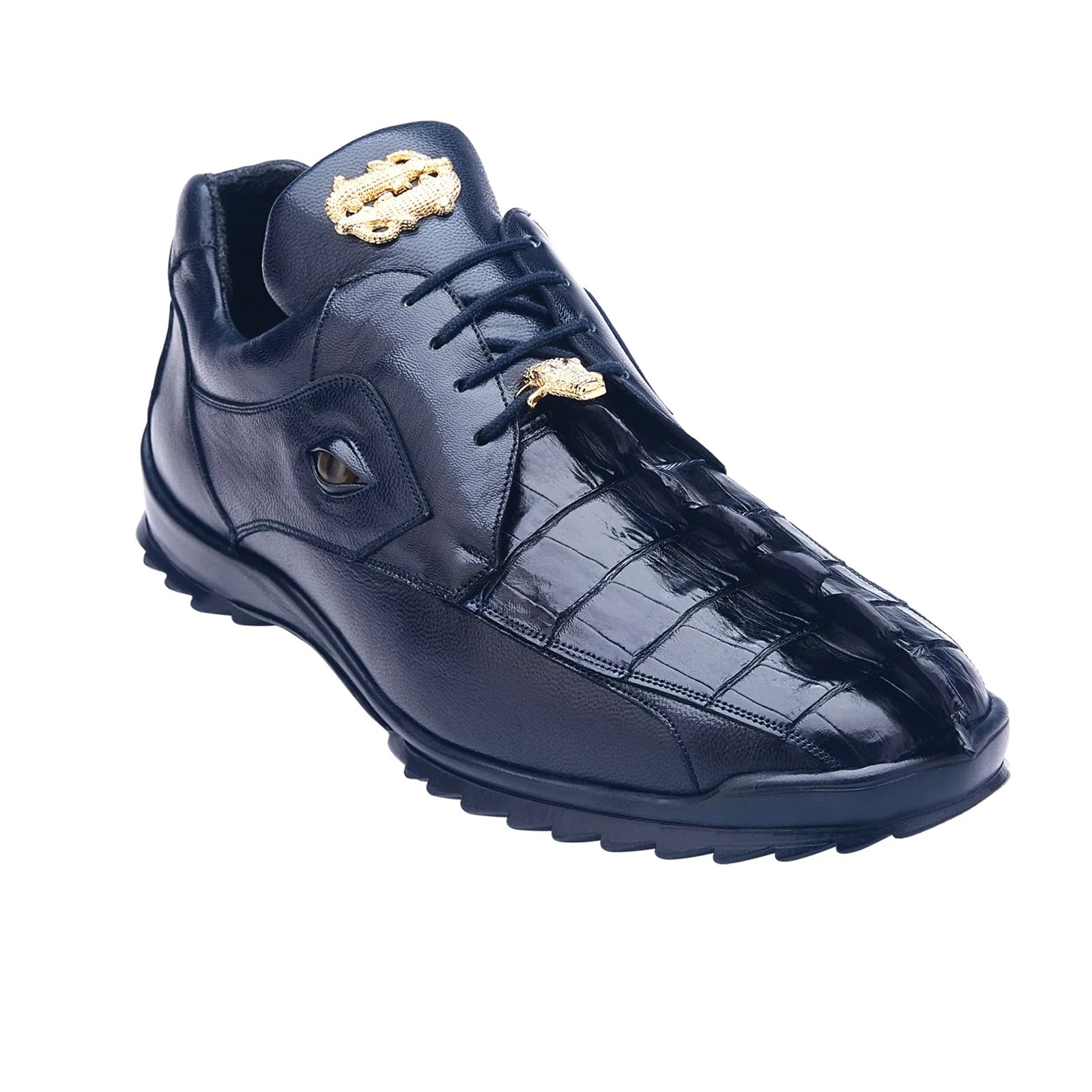 Men’s Belvedere Vasco Calf & Crocodile Hornback Tail Sneaker in Night Blue