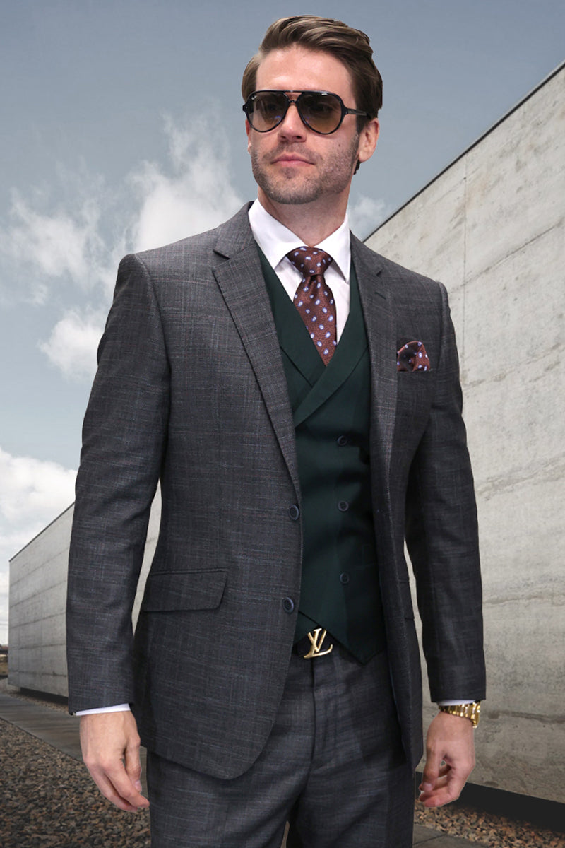 Men’s Designer Wool Suit in Hunter Green Sharkskin with Double Breasted Vest