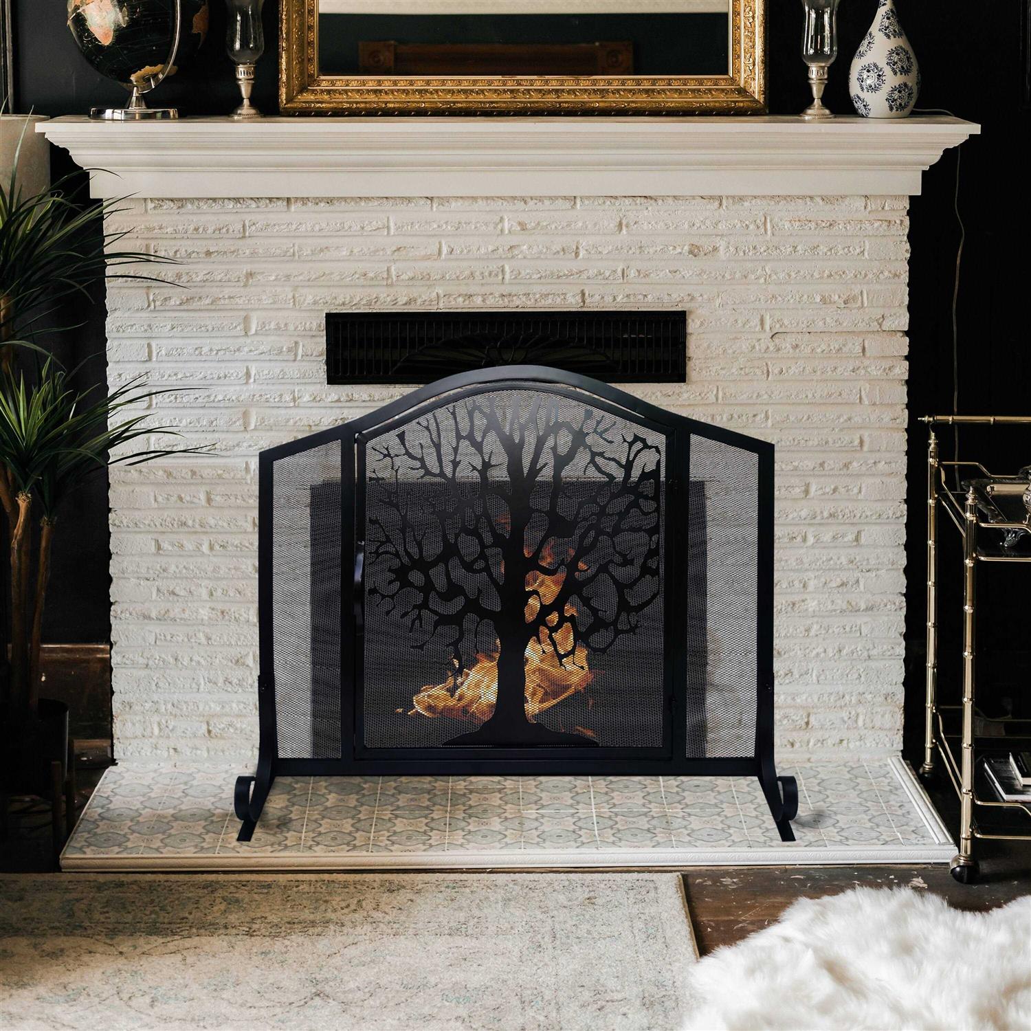 The Urban Port 43 Inches 3 Panel Iron Fireplace Screen Mesh Design Arched Top UPT-232047