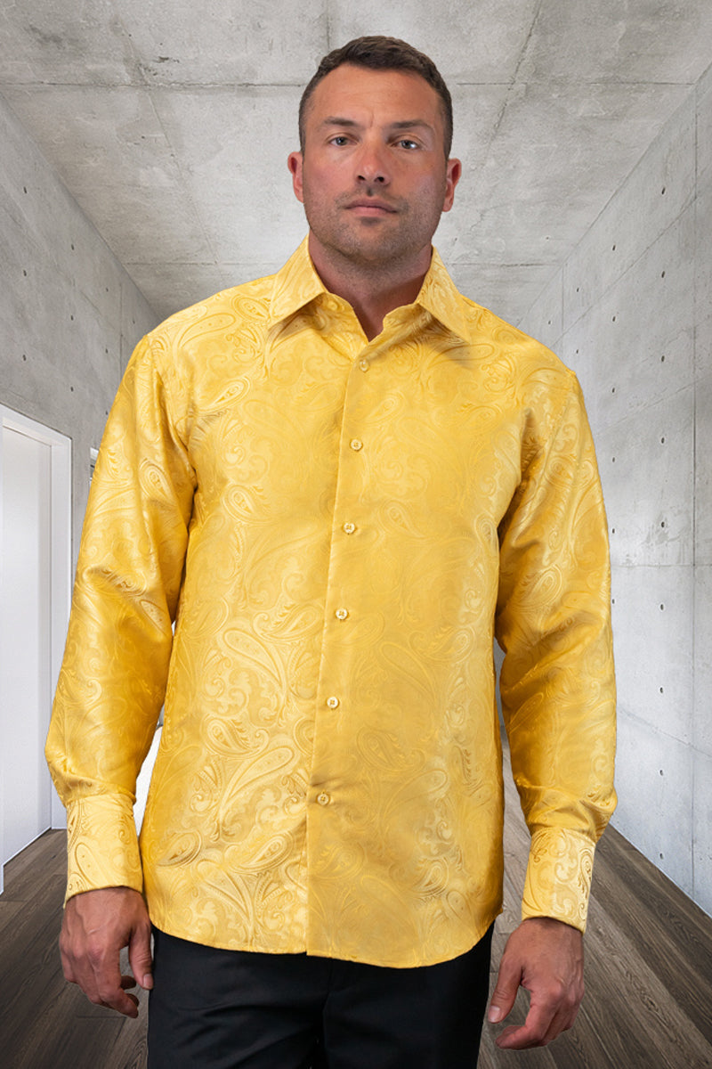 Men’s Fancy Long Sleeve Woven Paisley Dress Shirt in Gold