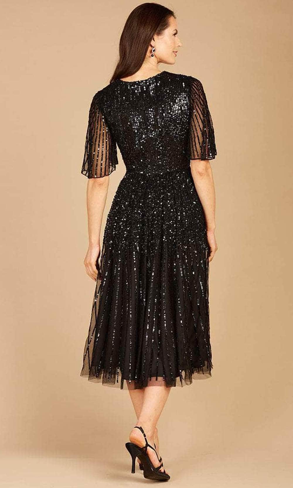 Beaded Short Sleeve Tea Length Dress