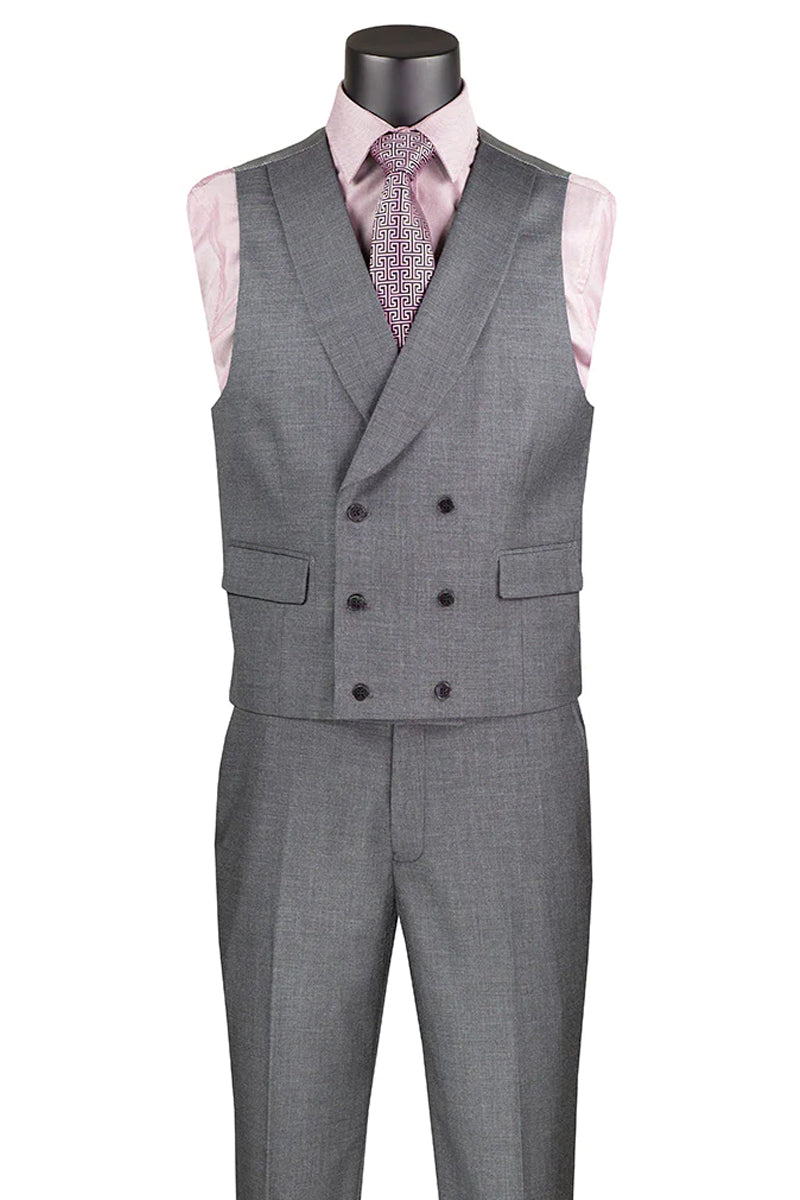 Men’s Summer Sharkskin Suit with Double Breasted Vest in Charcoal Grey