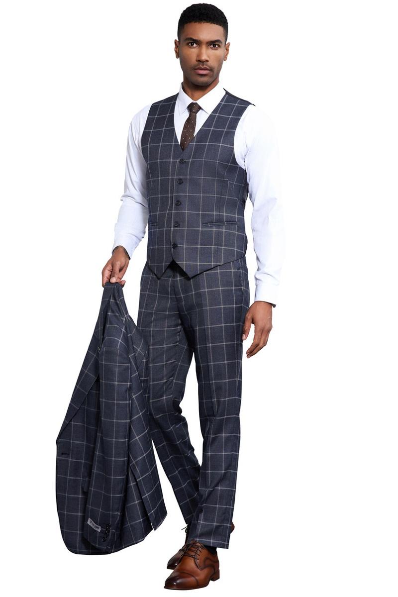 Men’s Stacy Adams Classic One Button Vested Windowpane Suit in Charcoal Grey